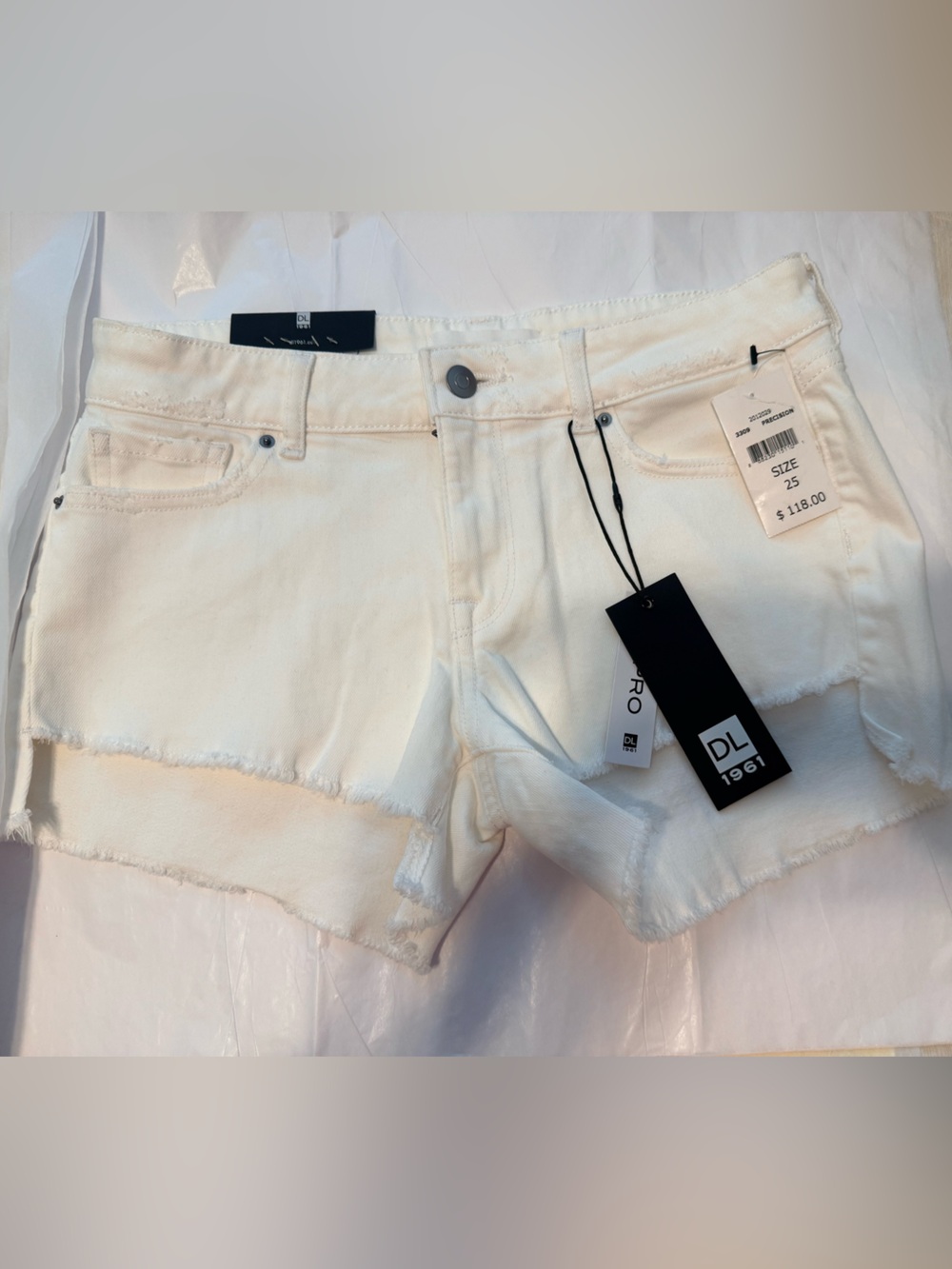 DL1961 White Frayed Hem High-Rise Denim Shorts